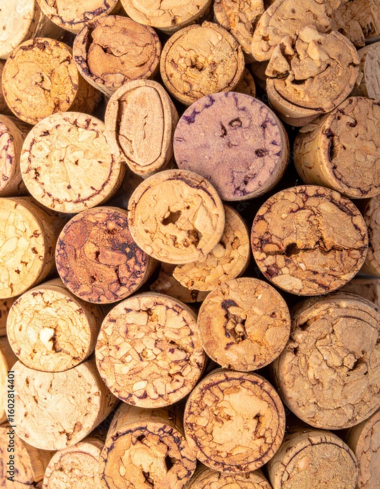 Poster full frame close-up of stacked used wine corks in a variety of textures