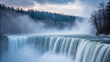 Majestic waterfall cascading down rocks surrounded by misty forest landscape in winter