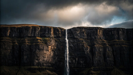 Majestic waterfall cascading over cliff face under dramatic cloudy sky capturing natural beauty