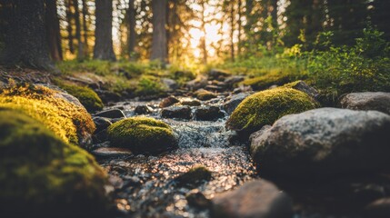 Fototapeta premium Gentle stream flowing over rocks covered in moss in a sunlit forest.