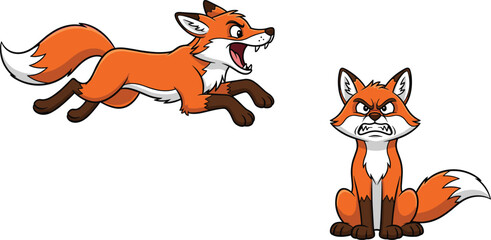 Angry cartoon fox characters, expressive wild fox illustrations, furious forest animal, cute but mad foxes, wildlife emotion, comic style art