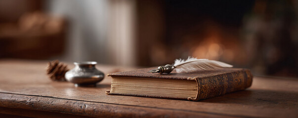 Evocative scene featuring an antique book, quill pen, and inkwell on a rustic wooden surface. Perfect for themes of history, literature, writing, nostalgia, or education.