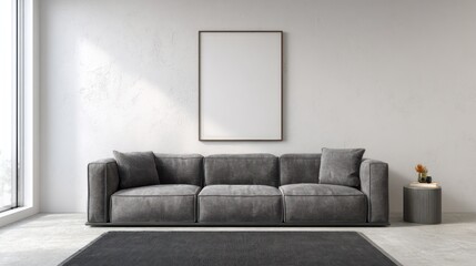 Modern living room with grey sofa and empty art frame