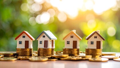 Miniature houses on stacks of coins, blurred nature background