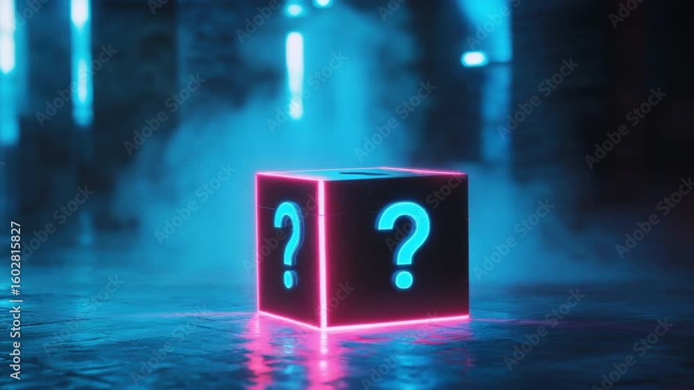 Poster mysterious glowing cube with a question mark in a dark, atmospheric environment with neon lights and