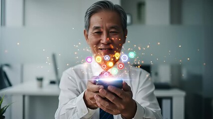 Senior man using smartphone with floating icons in office - Powered by Adobe