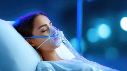 Hospital patient resting peacefully with oxygen mask at night