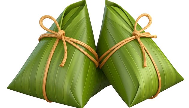 Two traditional rice dumplings, wrapped in green leaves and tied with light brown string