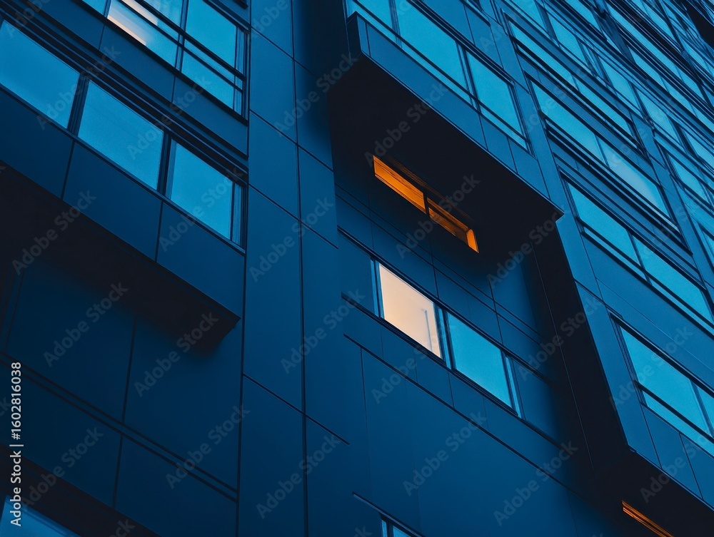 Poster dark blue building textures with illuminated windows in urban setting