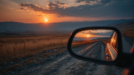 The setting sun casts vibrant colors across the horizon, mirrored in the side mirror of a vehicle as it travels down a dusty road in the countryside. Golden fields glow under the twilight