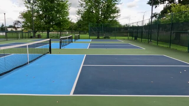 Outdoor Pickleball Courts. Sweeping views in motion of empty pickleball courts. Moving forward across several courts in a row. Public city park setting with cloudy blue Summer sky.