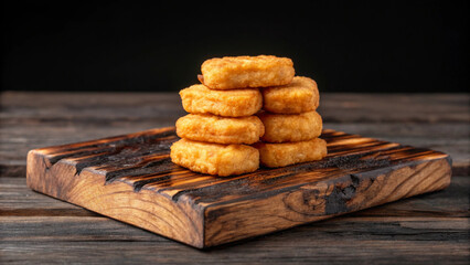 Stack of golden chicken nuggets on a rustic wooden serving board for culinary presentation