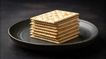 Stack of square crackers on dark ceramic plate on a textured black background