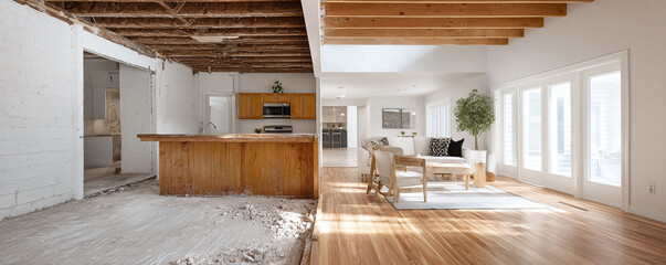 Before and after renovation split. Half distressed demo, half bright modern living space. Demonstrates transformation, improvement, progress  design.