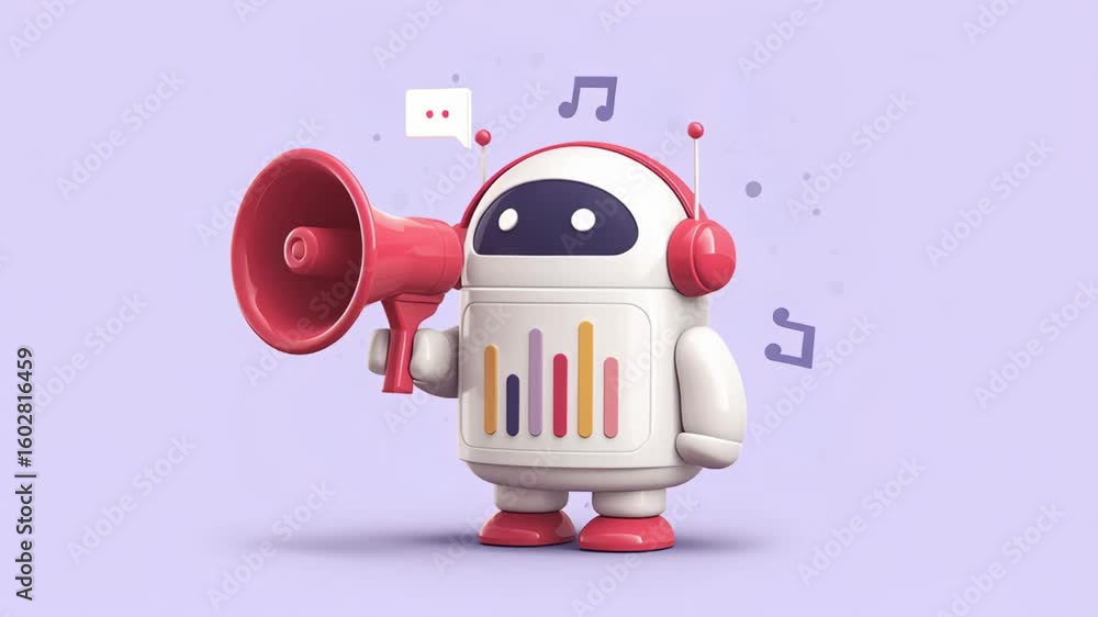Poster playful robot character with megaphone and headphones, emitting sound waves and colorful music notes