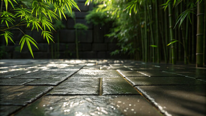Tranquil japanese garden scene featuring bamboo trees and wet stone pavement in sunlight
