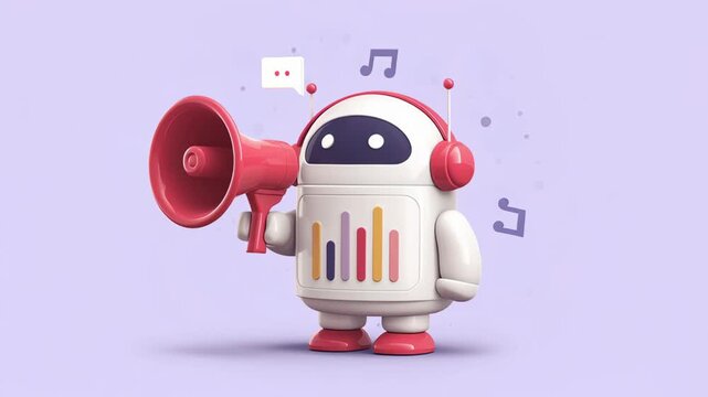 Playful Robot Character with Megaphone and Headphones, Emitting Sound Waves and Colorful Music Notes in Fun Design