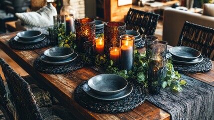 A table with a black tablecloth and a black table runner