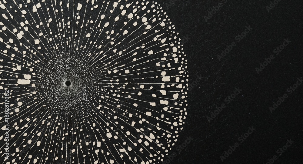 Poster a black background with a circular pattern of white lines and dots radiating from a central point