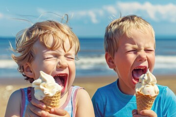 Children enjoying ice cream on a sunny beach during summer holidays with waves in the background