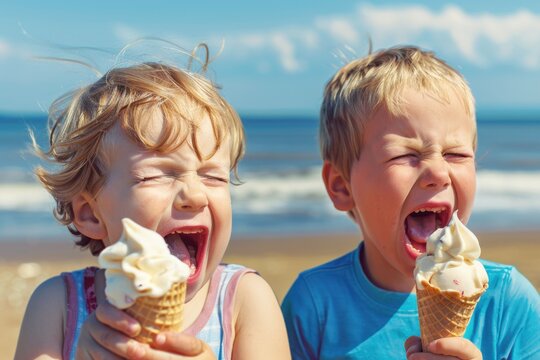 Children enjoying ice cream on a sunny beach during summer holidays with waves in the background