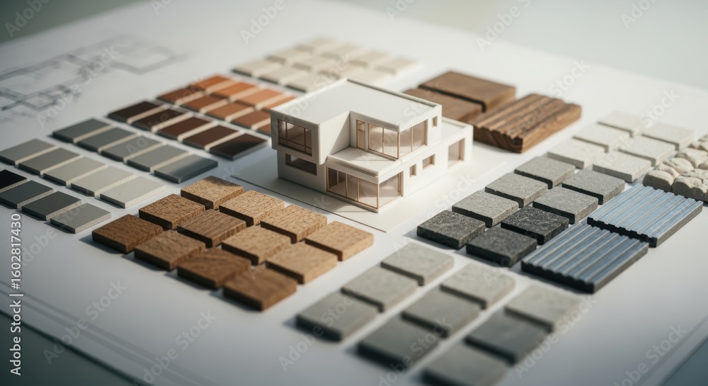 Poster overhead view of an architectural project with a small house prototype and color samples arranged ne