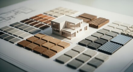 Overhead view of an architectural project with a small house prototype and color samples arranged neatly.