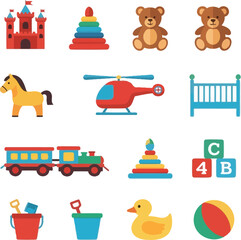 Naklejka premium Adorable collection of colorful children's toys including teddy bears, train, and blocks for playful learning