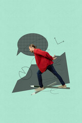Image 3d zine vertical collage of happy businessman dance bubble communication icon arrow diagram...