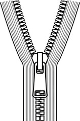 Close up of a metal zipper partially open on a white background