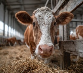 A brown and white cow is munching on grain feed in a well-lit barn, creating a peaceful atmosphere. Other cows are in the background, adding to the farm's lively environment
