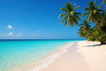 Naklejka premium Crystal clear turquoise water and white sand beach in tropical paradise setting