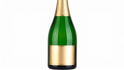 Green champagne-style bottle with gold foil neck wrap and matching gold label, isolated on white background for premium beverage display.