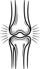 Hand drawn sketch of a human knee joint with radiating lines suggesting pain or inflammation