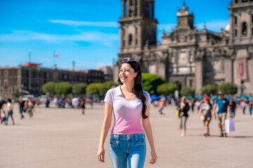 Smiling young latina woman in casual clothes at Zocalo in Mexico City