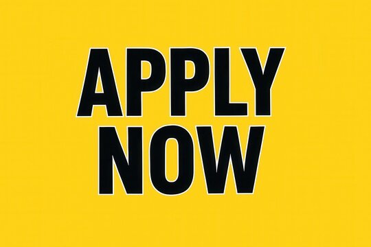 Bold black "APPLY NOW" text centered on a bright yellow background, suitable for job applications, recruitment campaigns, or urgency-driven marketing materials.