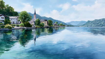 Fototapeta premium St. Gilgen Watercolor Landscape With Village, Gardens, And Lake Reflections