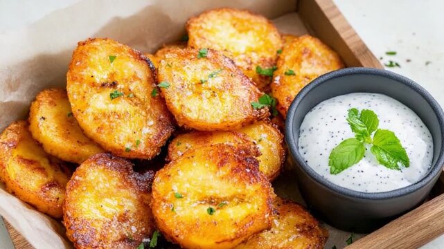 Golden Crispy Plantains: A delectable close-up captures the golden, crispy perfection of fried plantains, served alongside a creamy, herby dip in a beautifully presented wooden tray.