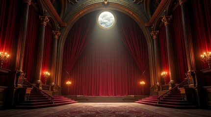 An elaborate gothic-style royal theater interior dimly lit by warm candlelight dramatic red velvet, 3d render
