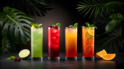 Fototapeta premium Four colorful tropical cocktails with fruit and mint garnish
