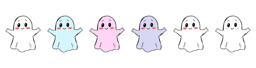 Colorful cartoon ghosts in Halloween vector set for festive designs