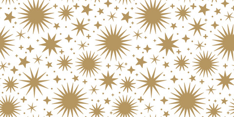 Holiday background with golden stars and snowflakes. Decoration for gift wrapping paper, fabric, clothes, textile, surface textures, scrapbook.