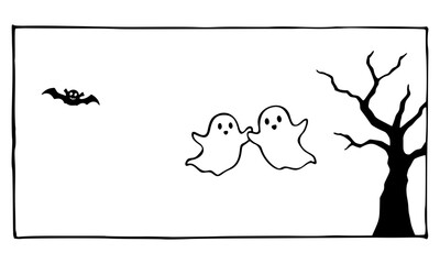 Linocut print style of frame with bare tree, smiling bat, and playful cartoon ghosts on transparent background