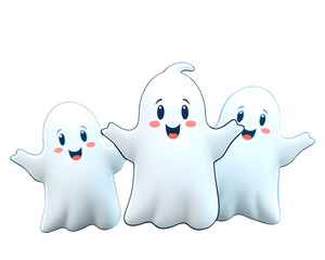 Three cute white cartoon ghosts joyfully posing with friendly smiles on a transparent background
