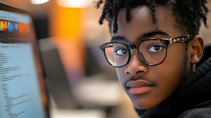Young man with glasses in an office setting, focused on modern studies. He wears a black turtleneck, working with technology in a warm, blurry workspace; a theme of innovation.