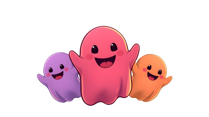 Three cheerful ghosts in vibrant colors, purple, pink, and orange with outstretched arms isolated on transparent background