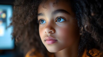Fototapeta premium A young girl gazes thoughtfully, embodying a modern studies theme. Her curly hair and brown eyes create a captivating portrait, suitable for educational and lifestyle contexts. Modern life shown.