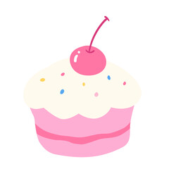 Cute Hand drawn Birthday Cupcake with Cherry Illustration