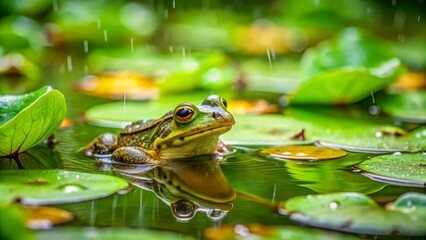 Obraz premium A serene green frog rests amidst glistening lily pads, a gentle rain showering the tranquil aquatic scene.