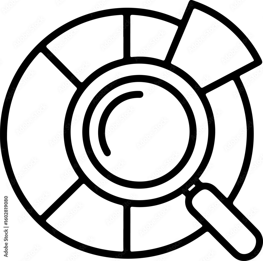 Poster magnifying glass over a pie chart representing data analysis and research